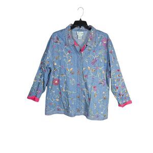 The Quacker Factory floral butterfly beaded embroidered denim shacket shirt 1X